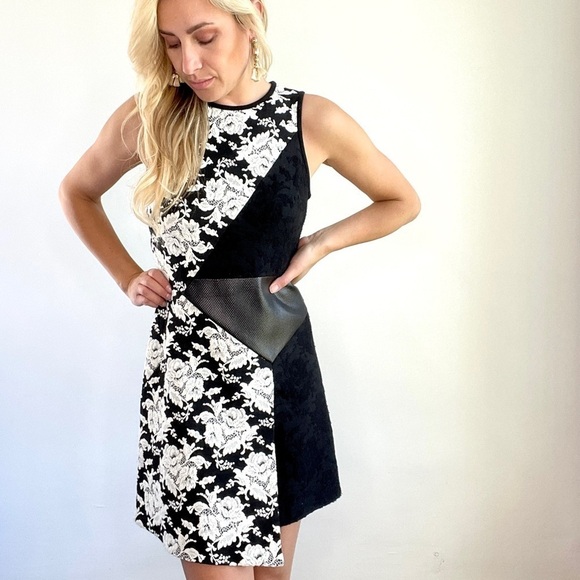 Tibi Black and White Lace and Faux Leather Dress - Picture 1 of 13